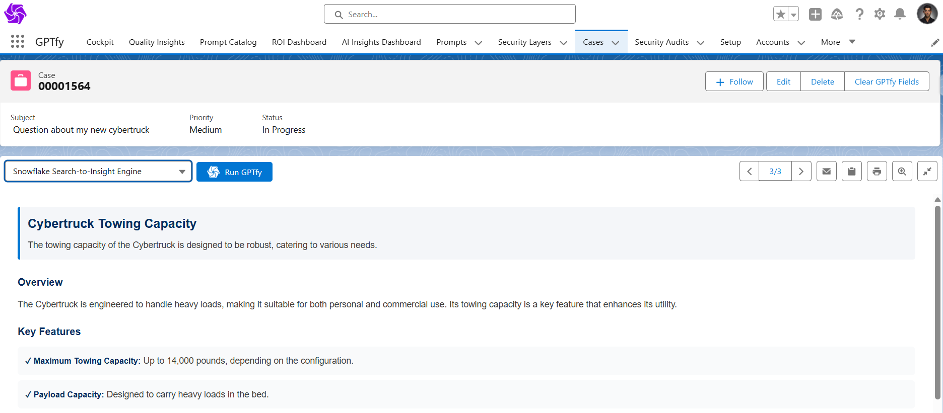 AI-generated answer with cited source from Snowflake document retrieval